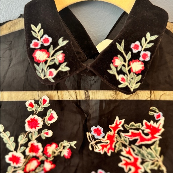 TOPSHOP Black Sheer Blouse with Embroidery & Velvet Collar - Picture 4 of 5